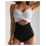 Eomenie Womenfts One Piece Swimsuits Tummy Control Cutout High Waisted Bathing Suit Wrap Tie Back 1 Piece Swimsuit Black Striped - Retail: $33