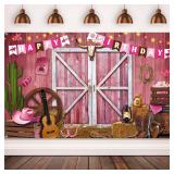 Breling Western Cowgirl Birthday Banner Cowboy Backdrop Photography Booth Prop Pink Cowgirl Party Background for Girls Cowboy Birthday Baby Shower Party Decorations Supplies, 71 x 43 Inch - Retail: $1