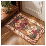 Lessymo Moroccan Washable Rugs for Entryway, Faux Wool 2x3 Small Area Rug for Kitchen Bathroom Corridor - Non-Slip Indoor Door Mat Low Plie Stain Resistant Boho Runner Rug, Classic Red and Cream - Ret