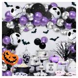Skull Halloween Birthday Party Decorations - 141pcs Purple Black Balloon Garland Arch Kit with Pumpkin Skull Balloons for Nightmare Before Christmas, Day of the Dead, Halloween Baby Shower Decorations