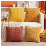 MIULEE Pack of 4 Fall Boho Farmhouse Orange Yellow Corduroy Decorative Throw Pillow Covers 16x16 Inch Soft Striped Pillow Covers Modern Rustic Home Decor for Sofa Living Room Couch Bed