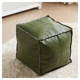 Louis Donné 17.7x17.7inch Unstuffed Pouf Ottoman Cover Moroccan Poofy Ottomans footrest Square Green Faux Leather FootStool with Storage Waterproof Easy Cleaning for Living Room (Only Cover No Filler