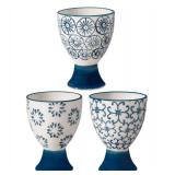 Nordring Kristina Stoneware Egg Cups  Set of 3 Handmade Ceramic Egg Holders with Patterned Stamp Decor  Dishwasher and Microwave Safe  Rustic Scandinavian Design  2.75 High - Retail: $18