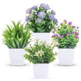 Der Rose 4 Pack Small Fake Plants Mini Artificial Faux Plants Indoor with Flowers Spring Decorations for Home Room Farmhouse Desk House Bathroom Decor - Retail: $10