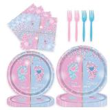 96 Pcs Gender Reveal Party Plates Napkins Forks Decorations Tableware Set Supplies Disposable Paper Boy or Girl Gender Footprint Favors, Serves 24 Guests