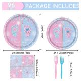 96 Pcs Gender Reveal Party Plates Napkins Forks Decorations Tableware Set Supplies Disposable Paper Boy or Girl Gender Footprint Favors, Serves 24 Guests