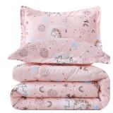 JSD Pink Unicorn Kids Comforter Set Twin Size, 2 Piece Girls Rainbow Microfiber Comforter with Pillow Sham, Lightweight All Season Washable - Retail: $30