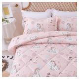 JSD Pink Unicorn Kids Comforter Set Twin Size, 2 Piece Girls Rainbow Microfiber Comforter with Pillow Sham, Lightweight All Season Washable - Retail: $30