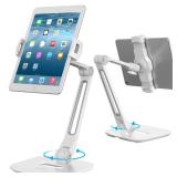AboveTEK Multi-Angle Adjustable Tablet Stand, 360 Swivel iPad Stand Aluminum Desk Mount Fits 4ft-11\ Tablets White - Retail: $40in