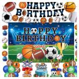 Sports Birthday Party Decorations Includes Banner, Backdrop, Foil and Latex Balloons, Cake and Cupcake Toppers, Honeycomb Centerpieces for Boy Sports Themed Party Decorations - Retail: $18