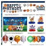 Sports Birthday Party Decorations Includes Banner, Backdrop, Foil and Latex Balloons, Cake and Cupcake Toppers, Honeycomb Centerpieces for Boy Sports Themed Party Decorations - Retail: $18