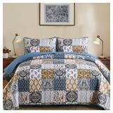 WONGS BEDDING Boho Quilt Set King Size, Blue Patchwork Plaid Bedspread Bedding Sets Paisley Soft Microfiber Quilts for King Bed 3 Pieces Coverlet Set for All Season (104"x90")