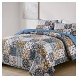 WONGS BEDDING Boho Quilt Set King Size, Blue Patchwork Plaid Bedspread Bedding Sets Paisley Soft Microfiber Quilts for King Bed 3 Pieces Coverlet Set for All Season (104"x90")