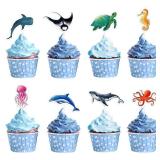 WERNNSAI 32 PCS Ocean Cupcake Toppers - Shark Birthday Party Decorations Under The Sea Cake Toppers Summer Dolphin Ocean Animal Cake Decors for Kids Ocean Baby Shower Party Supplies - Retail: $8
