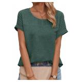 Dokotoo Spring Tops for Women Trendy 2025 Casual Solid Round Neck Cap Short Sleeve Womens T Shirts Comfy Loose Fit Tunics Pleated Lightweight Blouses Workout Tops for Women Dark Green X-Large - Retail