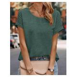 Dokotoo Spring Tops for Women Trendy 2025 Casual Solid Round Neck Cap Short Sleeve Womens T Shirts Comfy Loose Fit Tunics Pleated Lightweight Blouses Workout Tops for Women Dark Green X-Large - Retail