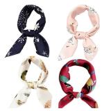 Hixixi 4 PCS 50s Satin Neck Scarf Dots Floral Striped Small Square Neckerchief Headbands Head Scarf for Women Girl (D#)