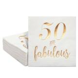 BLUE PANDA 50th Birthday Napkins for Women - 5 x 5 in, White, 3-Ply, Pack of 50 - Gold Foil 50 & Fabulous Design, Cocktail Napkins, Absorbent Party Tableware