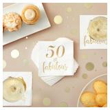 BLUE PANDA 50th Birthday Napkins for Women - 5 x 5 in, White, 3-Ply, Pack of 50 - Gold Foil 50 & Fabulous Design, Cocktail Napkins, Absorbent Party Tableware