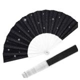 EOSAU Glitter Folding Hand Fans for Women Foldable Handheld Clack Fans for line Dancing, Wedding, Church, Festival, EDM, Party, Club, Rave Accessories (9\" Black 03)