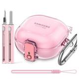 [with Safety Lock] Clear Case for Samsung Galaxy Buds FE(2023)/Buds 2 Pro(2022)/Buds 2(2021)/Buds Pro(2021)/Buds Live(2020),Accessories with Anti-Lost Keychain/Silicone Wrist Strap(Pink)