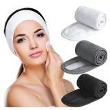 Denfany Spa Headband 3 Pack Ultra Soft Adjustable Face Wash Headband Terry Cloth Stretch Make Up Wrap for Face Washing, Shower, Facial Mask, Yoga (Black + White + Grey)