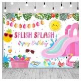 AIBIIN 7x5ft Splish Splash Happy Birthday Banner for Phptography Summer Pool Party 1st Birthday Backdrop for Boys Girls Pink Water Slide Pool Decorations Background Photo Props Supplies