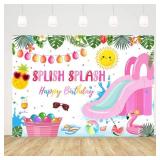 AIBIIN 7x5ft Splish Splash Happy Birthday Banner for Phptography Summer Pool Party 1st Birthday Backdrop for Boys Girls Pink Water Slide Pool Decorations Background Photo Props Supplies