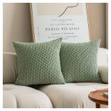 Kevin Textile 2 Packs Decorative Throw Pillow Covers 16x16 Inch for Living Room Couch Bed Sofa Spring Soft Striped Corduroy Square Cushion Case 40x40 cm Farmhouse Boho Home Decor Sage Green