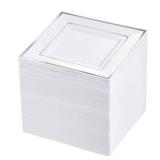 bUCLA White and Silver Square Plastic Plates - 6inch Disposable Dessert Plates - Suitable for Weddings, Parties, Christmas