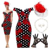 JenPen 5 Pcs Halloween Vintage Polka Dot Dress for Women 1950s Derby Tea Party Attire Retro Pencil Bodycon(Large,Classic,Red White Black)