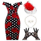 JenPen 5 Pcs Halloween Vintage Polka Dot Dress for Women 1950s Derby Tea Party Attire Retro Pencil Bodycon(Large,Classic,Red White Black)
