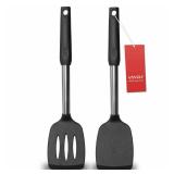 2 Pack Spatulas, Solid & Slotted Silicone Spatula Set, Stainless Steel Handle Coated with Silicone, Non Stick Turners, Heat Resistant Rubber Spatulas for Fish, Eggs, Pancakes, WOK, Black