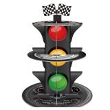 3-Tier Race Car Theme Cupcake Stand Racing Birthday Party Decoration Round Cardboard Cupcake Stand for Cars Birthday Decorations Race Car Party Supplies