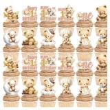 Beary First Birthday Decorations - Cute Bear 1st Birthday Cupcake Toppers, Brown Happy One Year Old Party Cup Cake Topper, Photo Background Decor Supplies for Boys Girls Baby Kids