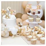 Beary First Birthday Decorations - Cute Bear 1st Birthday Cupcake Toppers, Brown Happy One Year Old Party Cup Cake Topper, Photo Background Decor Supplies for Boys Girls Baby Kids