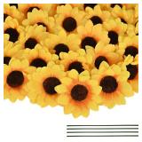 Coferset 100pcs Fake Sunflower Heads with Stems, 2.4\" Sunflower Artificial Silk Flower Heads for Party Baby Shower Wedding Making Handicrafts Home Decor