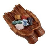 AHANDMAKER Carved Hand Decorative Bowl, Crystal Holder for Stones, Tray, Display Shelf, Wood Key Bowl, Offering Bowl for Rock Display, Wooden Bowls for Decor