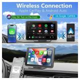 Portable Carplay Screen for Car, 7\" Wireless Carplay & Android Auto with Bluetooth, HD Backup Camera, GPS Navigation, Siri, FM, AUX, Mirror Link for All Vehicles