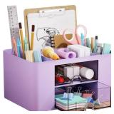 Marbrasse Pen Organizer with 2 Drawer, Multi-Functional Pencil Holder for Desk, Desk Organizers and Accessories with 5 Compartments + Drawer for Office Art Supplies (Purple)