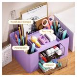 Marbrasse Pen Organizer with 2 Drawer, Multi-Functional Pencil Holder for Desk, Desk Organizers and Accessories with 5 Compartments + Drawer for Office Art Supplies (Purple)