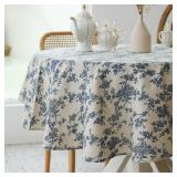 Pastoral Round Tablecloth - 60 Inch Dia. - Beige Linen Table Cloth - Washable Table Cover with Dust-Proof Wrinkle Resistant for Restaurant, Picnic, Indoor and Outdoor Dining, Floral (Dark Blue)