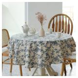 Pastoral Round Tablecloth - 60 Inch Dia. - Beige Linen Table Cloth - Washable Table Cover with Dust-Proof Wrinkle Resistant for Restaurant, Picnic, Indoor and Outdoor Dining, Floral (Dark Blue)