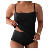 Beautife Womens Plus Size Tankini Swimsuits Tummy Control Full Coverage Two Piece Bathing Suits with High Waisted Bottom Black