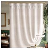AmazerBath Boho Farmhouse Shower Curtain Beige with Top Tassels, Faux Linen Fabric Neutral Shower Curtain Set with Hooks, Water Repellent, 72x72 Inches