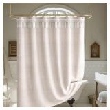 AmazerBath Boho Farmhouse Shower Curtain Beige with Top Tassels, Faux Linen Fabric Neutral Shower Curtain Set with Hooks, Water Repellent, 72x72 Inches