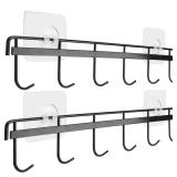 YiZhi Adhesive Wall Hooks Rack Kitchen Rail, Space Saving Utensil Holder No Drilling Wall Mounted Accessory Hanger with 6 Hooks for Kitchen Bathroom Bedroom Pack of 2 (Black)