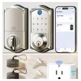 Veise VE017G Wi-Fi Keyless Entry Door Lock with Fingerprint, App Remote Control, Smart Locks for Front Door, Electronic Keypad Deadbolt, Auto Locking, Waterproof, Easy to Install, Satin Nickel
