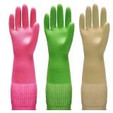 Bamllum 3 Pairs of Rubber Dishwashing Gloves for Kitchen and Household Cleaning â Long Cuff 15\", Reusable, Flexible Long-lasting and Non-Slip (Red+Yellow+Green, Medium)