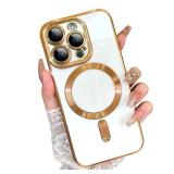 OOK Magnatic Case for iPhone 13 Pro Case [Compatible with MagSafe] Full Camera Lens Protector Gold Electroplate Edge Soft TPU Shockproof Protective Phone Case for Women Men 6.1 Inch - White